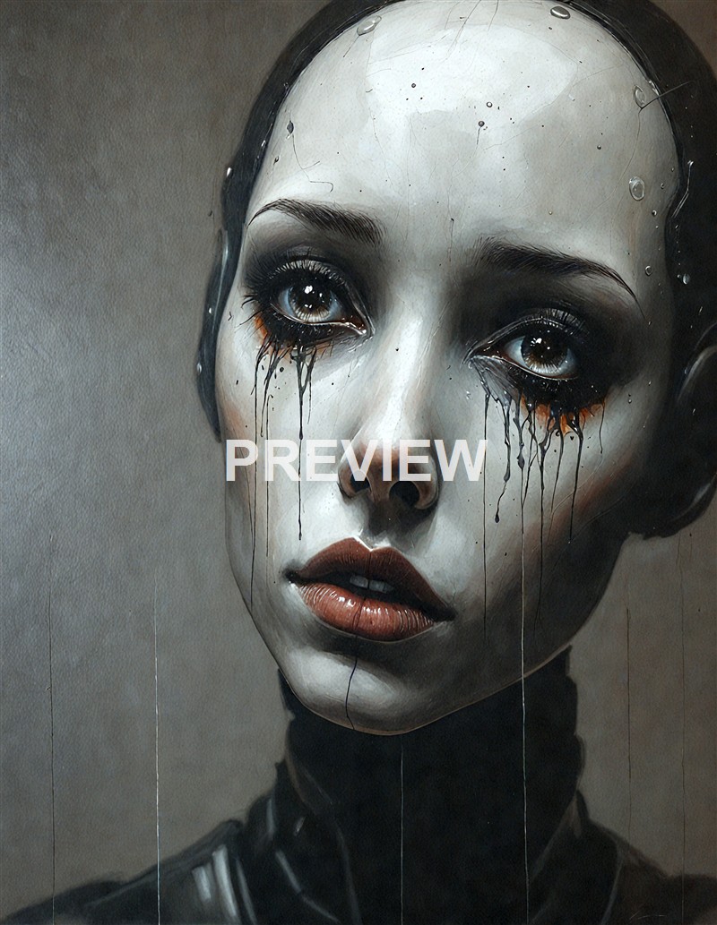 A highly detailed digital painting of a woman with pale skin and dark, smoky eye makeup, with tears streaming down her face and water droplets on her forehead, wearing a black high-neck outfit.